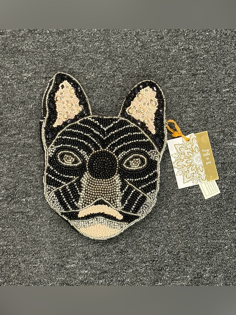 Made in India Hand Beaded Frenchie Crossbody Bag- Black & Cream